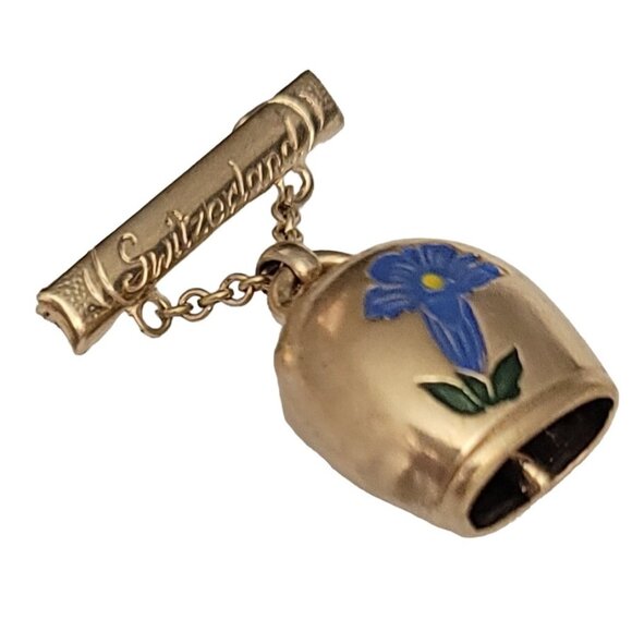 Switzerland Bar Pin With Bell Dangle, Blue Enamel Flower Pin Brooch - Picture 3 of 11